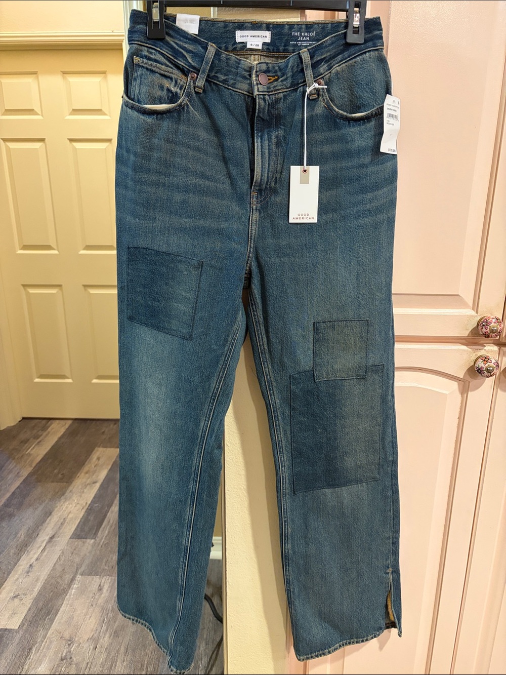 Good American womenโs Khloe Dark Blue Patchwork Jeans